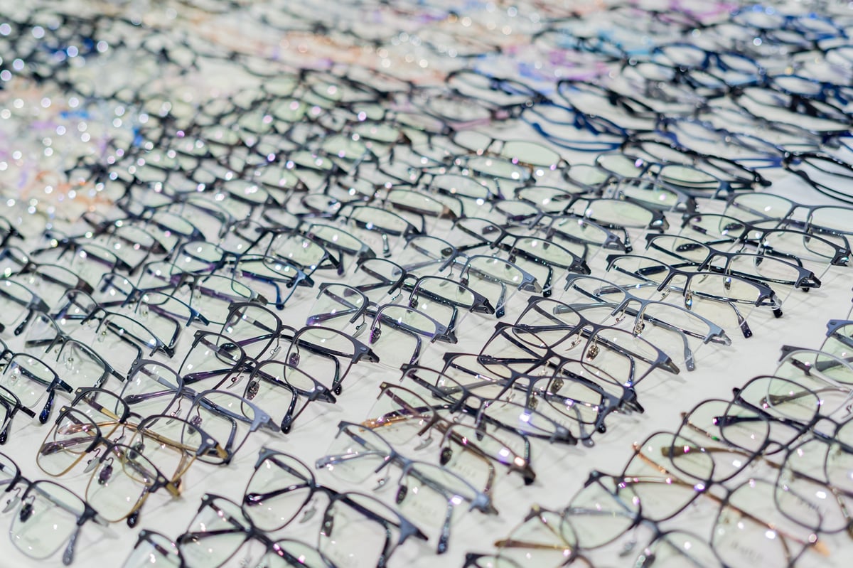 A wide variety of glasses in an eyeglass shop